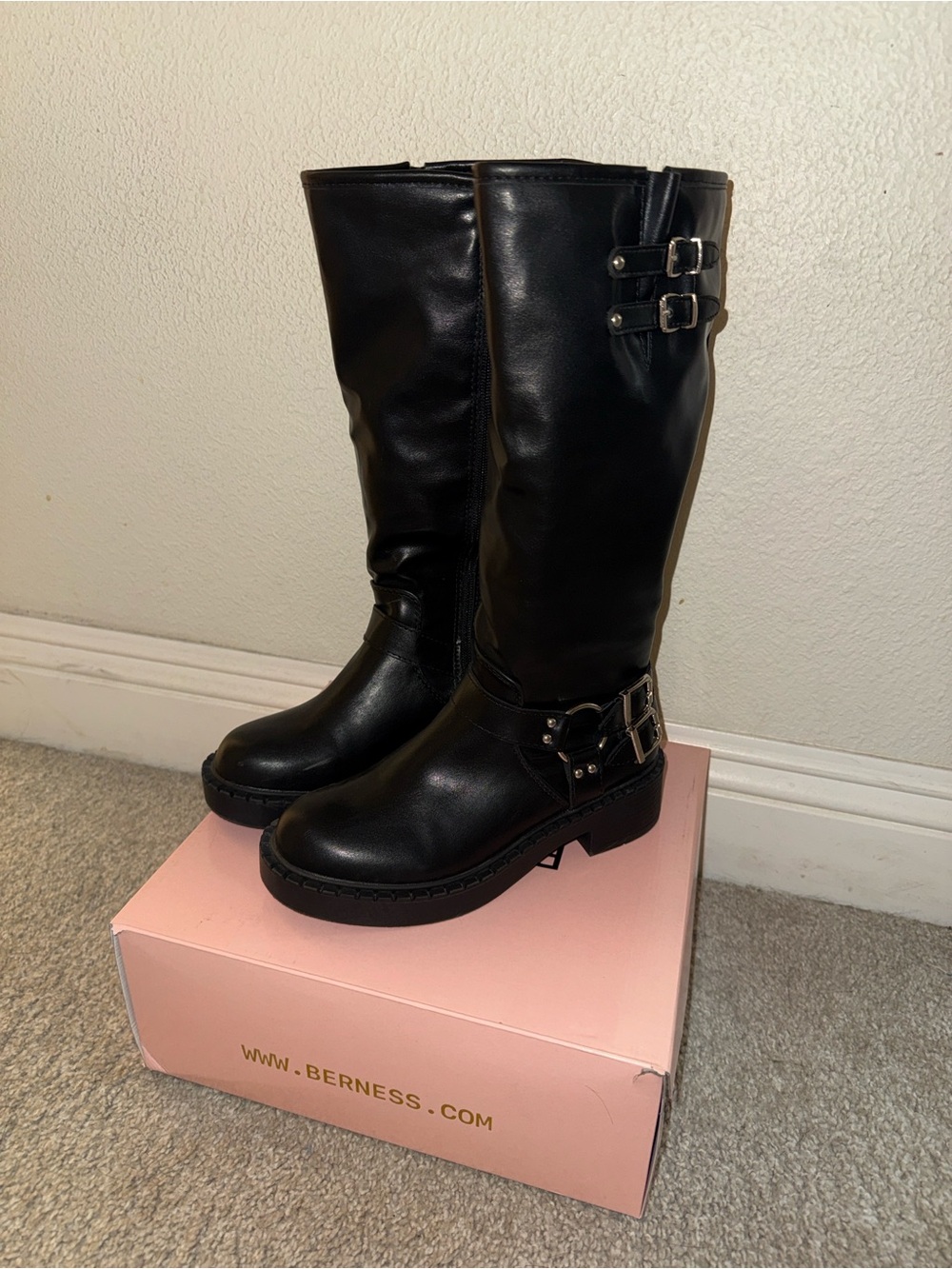 Black Tall Buckle Heeled Boots - Berness